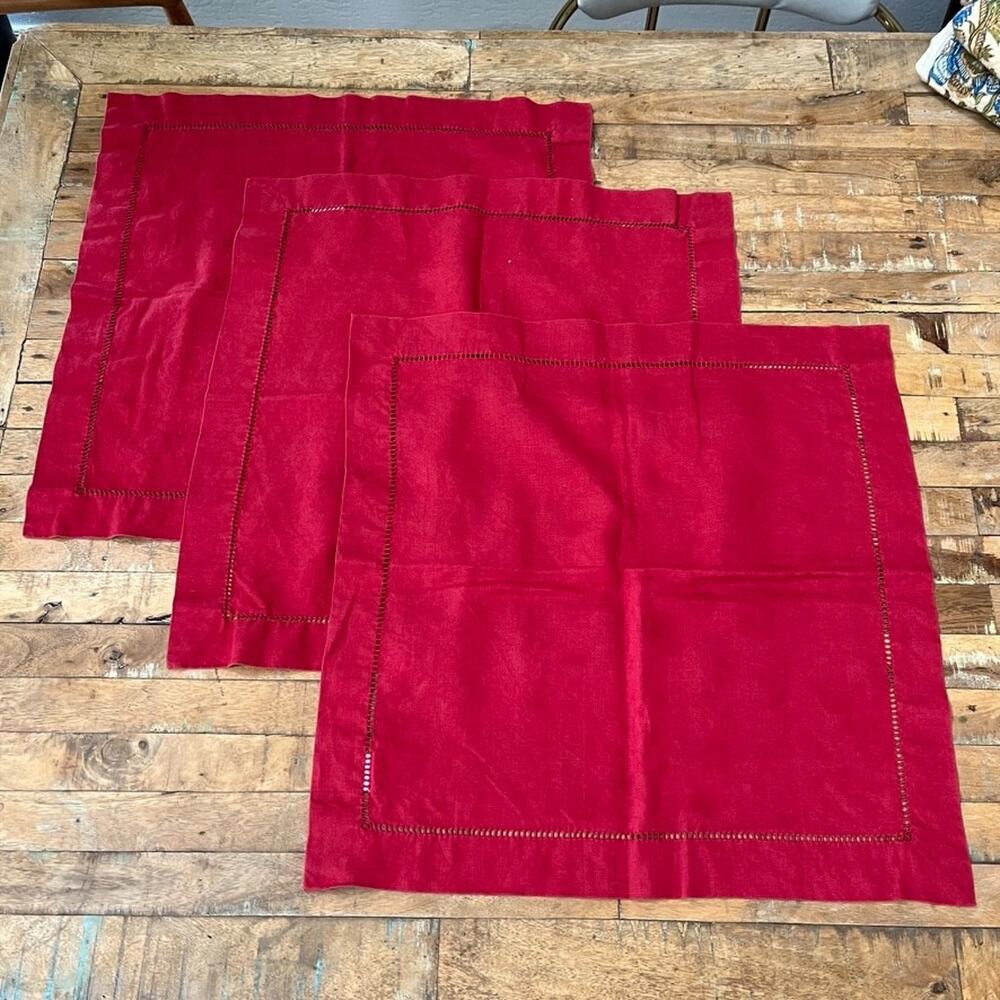 Pottery Barn Hemstitch Linen Square Dinner Napkins Set of 3 Red 22" x 22"